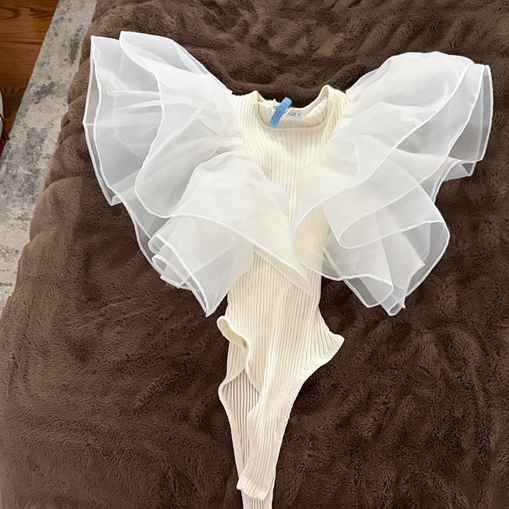 Zara Cream Ruffled Organza-Sleeve Bodysuit